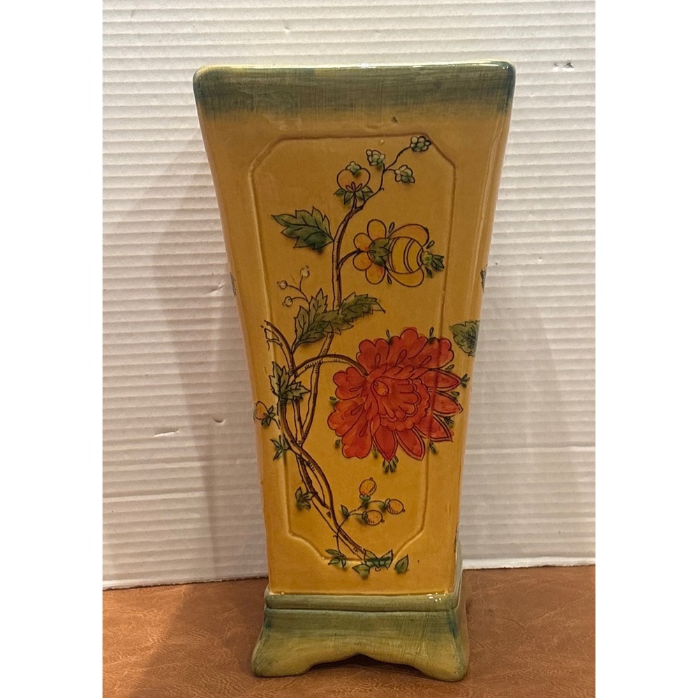 Vintage Yellow Chinoiserie Square Vase 12" Large Famille Jaune Floral Bird Decor